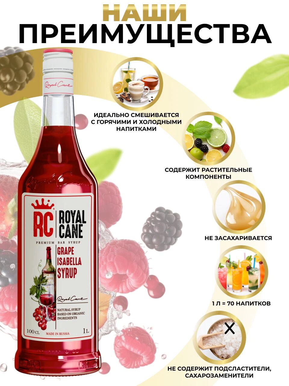 Сироп Royal Cane Виноград Изабелла для кофе, лимонада, выпечки, десертов, коктейлей, 1л — изображение 3